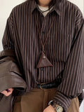 Vintage Lapel Collar Polyester Long Sleeve Striped Shirt, Single Breasted Placket, Regular Fit, Weekend Casual, for Men and Women