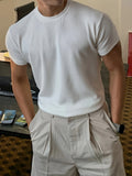 [Summer Fitness Training T-Shirt] Men'S Summer Casual Running Fitness Training T-Shirt, Solid Color Round Neck Slim Fit Base Layer, Short Sleeve, Stretch Polyester, Sport Style, for Workout and Gym