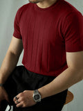 Men's Short Sleeve Crew Neck Knit Sweater - Red, Blend Fabric, Stretchy, Easy Care, Ideal for Outdoor & Casual Wear