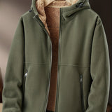 Warm & Cozy Polyester Blend Men's Fleece-Lined Hooded Jacket - Long Sleeve, Regular Fit, Casual Zip-Up Winter Coat with Pockets, Non-Transparent, Machine Washable, Solid Color