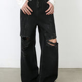 Men's Black Ripped Jeans - Distressed Denim, Loose Fit, Cotton Blend, Casual Streetwear for Skateboarding & Parties