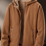 Warm & Cozy Polyester Blend Men's Fleece-Lined Hooded Jacket - Long Sleeve, Regular Fit, Casual Zip-Up Winter Coat with Pockets, Non-Transparent, Machine Washable, Solid Color
