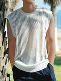 Men'S Fashion Hollow-Out Viscose Tank Top, Solid Color Crew Neck Sleeveless Knit Vest for Casual, Outdoor, Streetwear - Spring/Summer/Fall Season