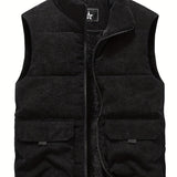 Thick Plush 100% Polyester JPDUN Men's Winter Vest - Casual Stand Collar, Multi-Pocket Outdoor Workwear, Warm Camisole Jacket, Loose Fit, Woven, Non-Stretch
