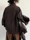 Vintage Lapel Collar Polyester Long Sleeve Striped Shirt, Single Breasted Placket, Regular Fit, Weekend Casual, for Men and Women