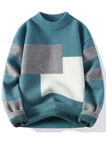 Cozy Thermal Men's Fleece-Lined Knit Sweater - Soft Polyester Blend, Machine Washable, Casual & Trendy Color Block Design - Perfect for Fall & Winter