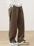 Plus Size Corduroy Pants - Casual Loose-Fit Solid Color Straight-Leg Drawstring Trousers - 100% Breathable Polyester Woven Fabric for Urban Streetwear & Outdoor Activities