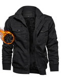 [Thick Cotton Retro Hooded Jacket] Men's Winter Casual Jacket Cotton Fabric Thick Stiff Shapely Retro Style Oblique Muscle Texture Hooded Fleece Lined Multi-pockets Knitted Ribbed Cuffs Hem Windproof Warm Outdoor Hiking Runni