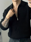 Long Sleeve Polyester Sweatshirt - Men's Casual Knitted Zipper Top - Lapel Collar, Solid Color, Slight Stretch, Half Placket, Loose Fit - 95% Polyester, 5% Spandex - Winter Wear