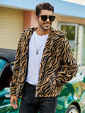 [Long Sleeve Leopard Print Jacket] RELISH NOLESS Men's Casual Leopard Print Faux Fur Hooded Jacket with Pockets - Polyester Knit Fabric, Long Sleeve, Zippered Winter Coat