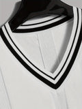Men's Athletic V-Neck Sweater Vest - Stylish White & Green Ribbed Knit, Breathable & Stretchy, Ideal for Outdoor Activities & Casual Wear - Easy Care