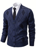 [100% Polyester V-Neck Cardigan] Men'S Casual Fashion V-Neck Cardigan Sweater - 100% Polyester Knit Fabric with Solid Pattern and Button Details, Regular Sleeve, Long Sleeve, Single Breasted Placket, Spring/Fall Season, Night