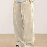 Plus Size Corduroy Pants - Casual Loose-Fit Solid Color Straight-Leg Drawstring Trousers - 100% Breathable Polyester Woven Fabric for Urban Streetwear & Outdoor Activities