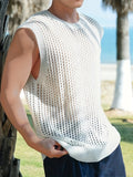 Men'S Fashion Hollow-Out Viscose Tank Top, Solid Color Crew Neck Sleeveless Knit Vest for Casual, Outdoor, Streetwear - Spring/Summer/Fall Season