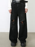 Men's Black Ripped Jeans - Distressed Denim, Loose Fit, Cotton Blend, Casual Streetwear for Skateboarding & Parties