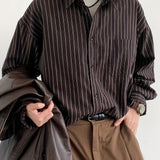 Vintage Lapel Collar Polyester Long Sleeve Striped Shirt, Single Breasted Placket, Regular Fit, Weekend Casual, for Men and Women