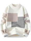 Cozy Thermal Men's Fleece-Lined Knit Sweater - Soft Polyester Blend, Machine Washable, Casual & Trendy Color Block Design - Perfect for Fall & Winter