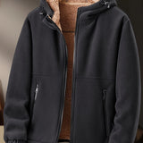 Warm & Cozy Polyester Blend Men's Fleece-Lined Hooded Jacket - Long Sleeve, Regular Fit, Casual Zip-Up Winter Coat with Pockets, Non-Transparent, Machine Washable, Solid Color