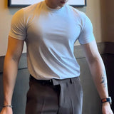 Mens high collar elastic casual shaping t-shirt genderless new simple slim fit versatile solid color comfortable top unisex