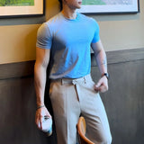 Mens high collar elastic casual shaping t-shirt genderless new simple slim fit versatile solid color comfortable top unisex