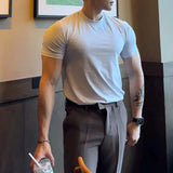 Mens high collar elastic casual shaping t-shirt genderless new simple slim fit versatile solid color comfortable top unisex