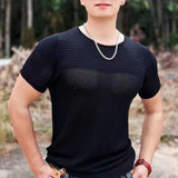 Mens Sexy Stretch See-Through Hollow Knitted T-Shirt Genderless New Nightclub Shaping Personalized Niche Tops Unisex