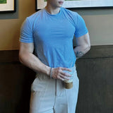 Mens high collar elastic casual shaping t-shirt genderless new simple slim fit versatile solid color comfortable top unisex
