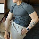 Mens high collar elastic casual shaping t-shirt genderless new simple slim fit versatile solid color comfortable top unisex