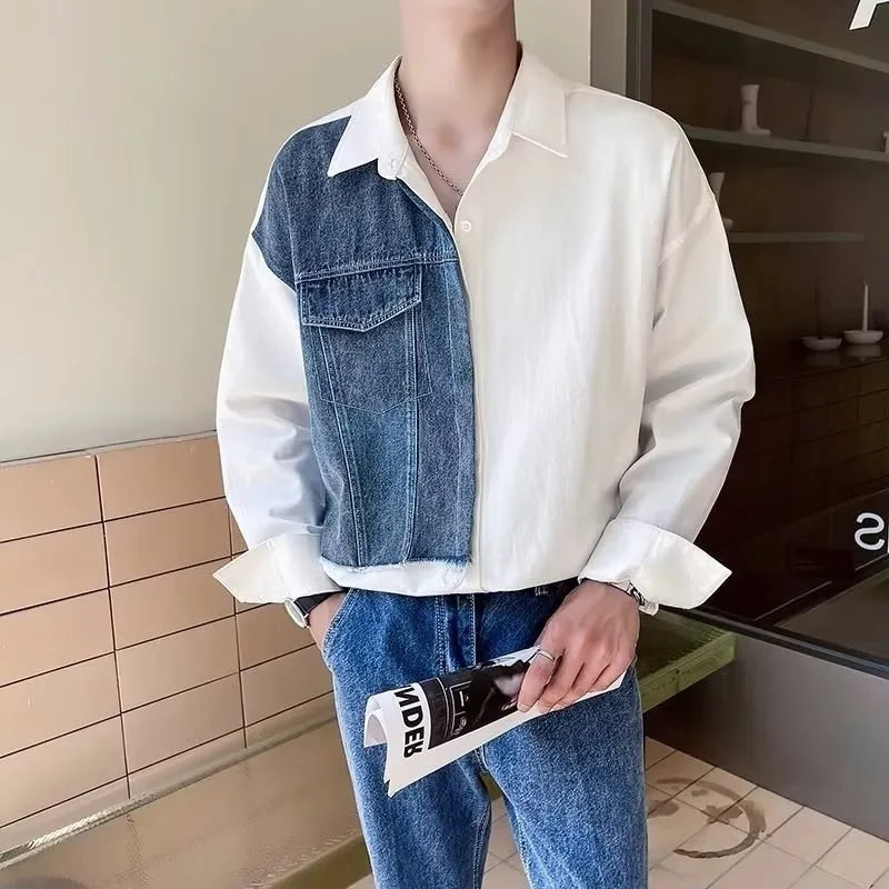 Autumn Men's Clothing Luxury Patchwork Denim Shirt Retro Solid Color Button-down Long Sleeve Streetwear Popular Clothes