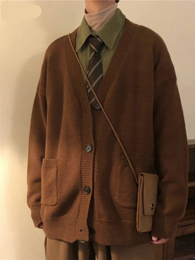 Cardigans Men Retro Simple Streetwear Autumn Winter Warm V-neck Solid Pocket Popular American Style Male Knitting Casual Daily