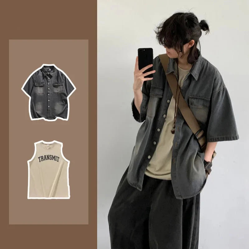 College Retro Mens Two Piece Set Hip Hop Washed Tooling Denim Shirt+Letter Printed Sleeveless Top Set Street Harajuku Suit Y2K