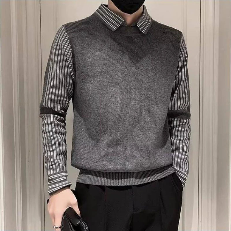 Fake 2 Pieces Shirt Collar Men's Knitted Sweater/Male Slim Fit Striped Casual Pullover/Man Long Sleeve Sweaters 3XL-M