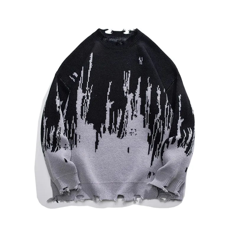 Fashion Men's Sweaters Tie-dyed Contrast Graffiti Hip Hop Clothing Cut Broken Knit Pullovers Oversize Streetwear Jumper for Man