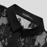 Men Mesh Shirt Lace Lapel Long Sleeve Transparent Streetwear Sexy Camisas Fashion Party Nightclub Shirts Men S-5XL