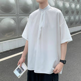 Summer Men Short Sleeve Shirts Solid Breathable Draped White Shirt Casual Loose Stand Collar Tops All-match Simple Mens Camisa