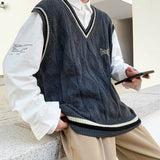Sweater Vest Men Letter Printed BF V-neck 2XL Oversize Mens Vests Preppy Style Chic Daily Streetwear Leisure Retro Knitted New