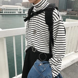 Spring Autumn Turtleneck Striped T-shirts Men Slim Fit Casual All-match Undershirts Long Sleeve Tops Couples Korean Fashion Tees