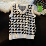 Men Houndstooth Sweater Vests Vintage Sleeveless V-neck Knitwear College Students Couple Loose Outwear Suester Para Hombre Chic