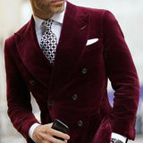 Burgundy Velvet Blazer for Men with Double Breasted Dinner Jacket Elegant Smoking Suit Coat