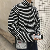 Spring Autumn Turtleneck Striped T-shirts Men Slim Fit Casual All-match Undershirts Long Sleeve Tops Couples Korean Fashion Tees