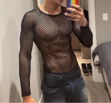 Men T Shirt Mesh Transparent O-neck Long Sleeve T-shirts Sexy Streetwear Fashion Party Nightclub Men Clothing S-5XL