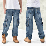 HOT New  Large Size 30-44 46 Jeans Fashion Loose Big Pockets Hip-Hop Skateboard Casual Men Denim Blue & Black Design Brand