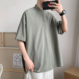 Summer Men Short Sleeve Shirts Solid Breathable Draped White Shirt Casual Loose Stand Collar Tops All-match Simple Mens Camisa