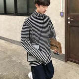 Spring Autumn Turtleneck Striped T-shirts Men Slim Fit Casual All-match Undershirts Long Sleeve Tops Couples Korean Fashion Tees