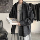 Oversize Plaid Long Sleeve Shirts Men Preppy Trendy All-match Causal Retro Chic Outerwear Male Classic Basic Daily Korean