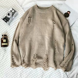 Man Clothes Pullovers Torn Crewneck Knitted Sweaters for Men Plain with Holes Solid Color Round Collar Cheap Casual A Cigaret S