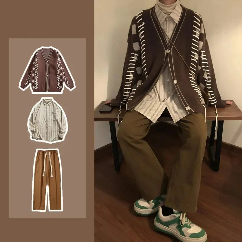 Men Casual Sweater Set Vintage Checkerboard Cardigan+Striped Long Sleeved Shirt+Trendy Wide Leg Pants 3-piece Street Couple Suit