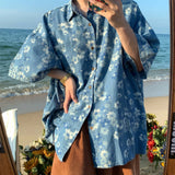 Men Denim Shirts Floral Printed Summer Button Lapel Tops Short Sleeve Blouses Soft Cotton Loose Male Hawaiian Beach Shirts