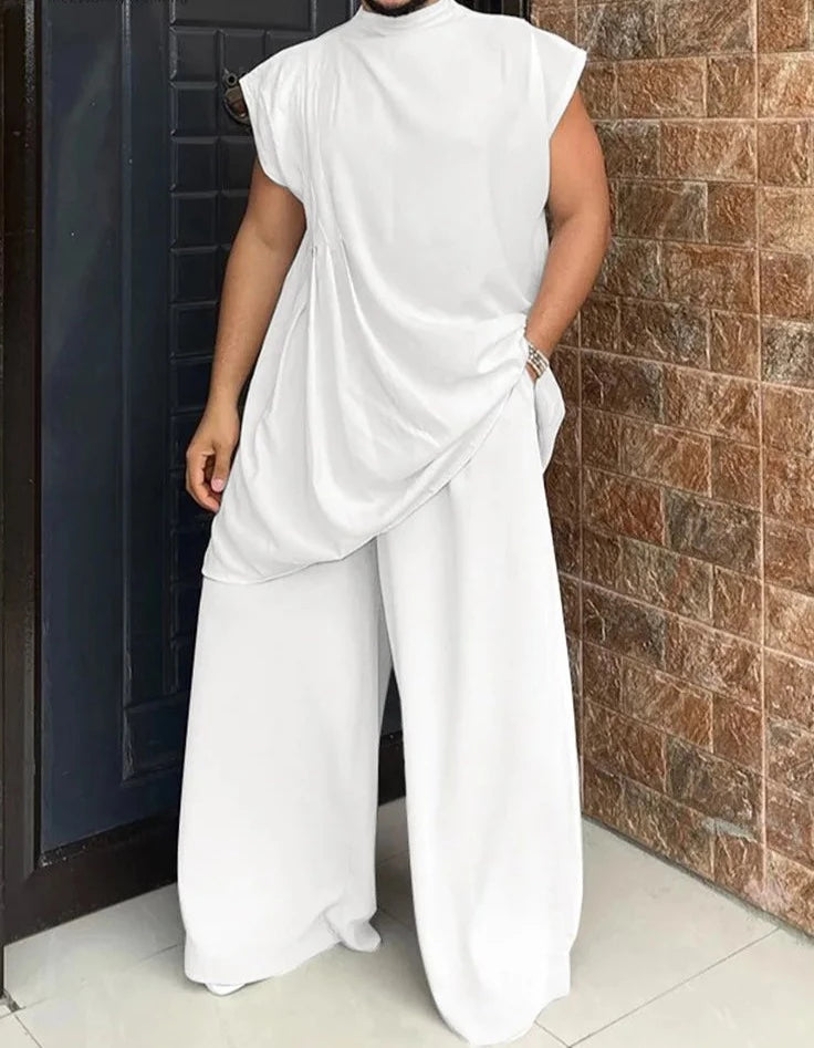 Men Sets Muslim Clothing O-neck Short Sleeve T Shirt & Wide Leg Pants Two Pieces Solid Baggy Men Casual Suits 7