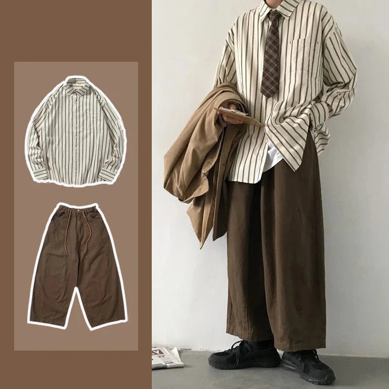 Men Vintage Set Spring Autumn Couple Casual Suits New Stripe Loose Long Sleeve Shirt+High Street Wide Leg Pants Two Piece Set